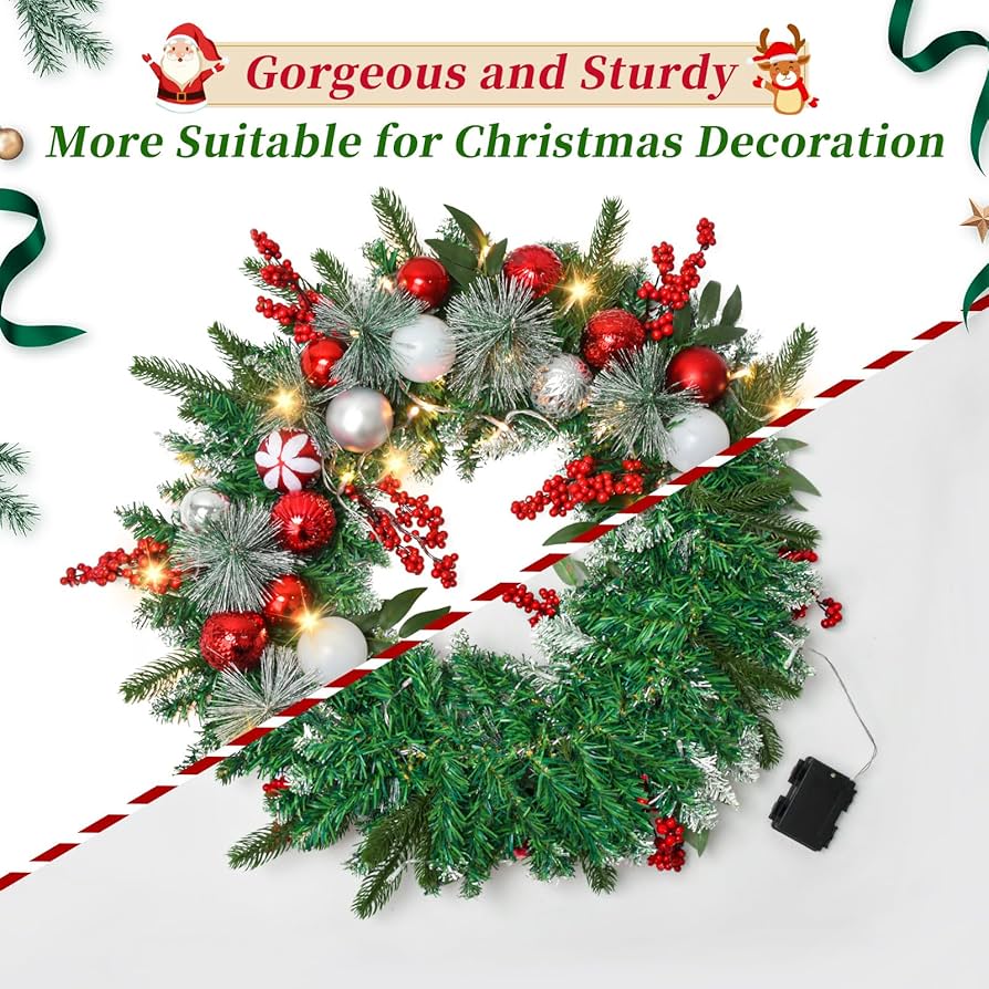 　Decorated Christmas Wreath Amazon.com: Christmas Wreath with 50LED Lights with Timer